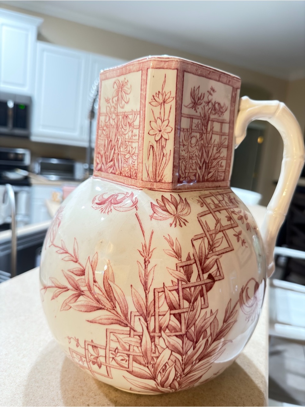 Antique Ceramic Floral Pitcher Cream with Red 150 years old